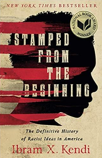 Cover of Stamped from the Beginning by Ibram X. Kendi, Black side-profile silhouette with thick red lines running parallel from left side